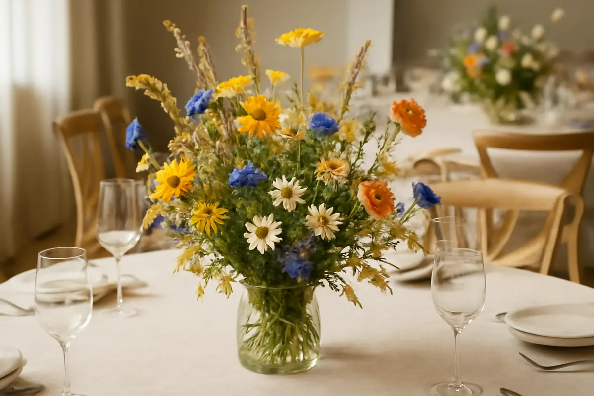 Allestimento floreale con fiori di campo: stile attuale per eventi chic senza sforzo